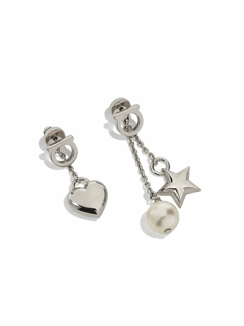 Silver Salvatore Ferragamo Heart & Star Dangle Earrings - Asymmetrical Design